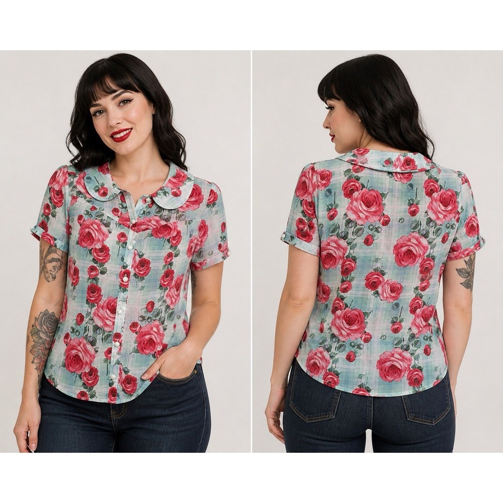Hell Bunny Floral Rose Blouse Womens L Peter Pan Collar Retro Pinup Top Button